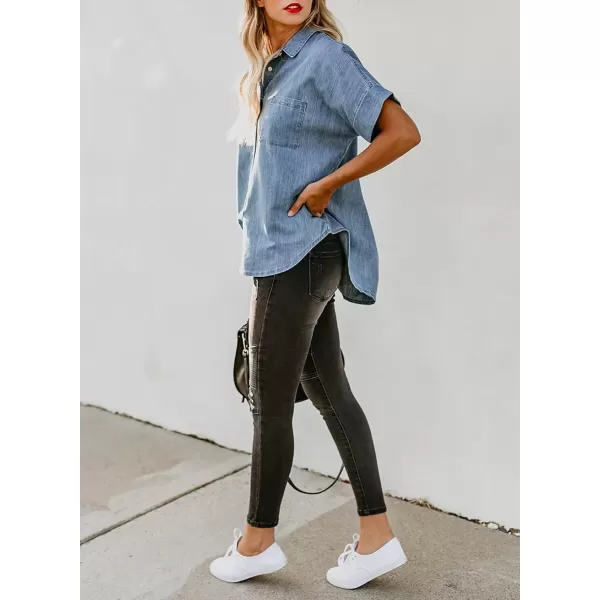 imageAstylish Womens Button Down Shirts V Neck Loose Casual ShirtLight Blue