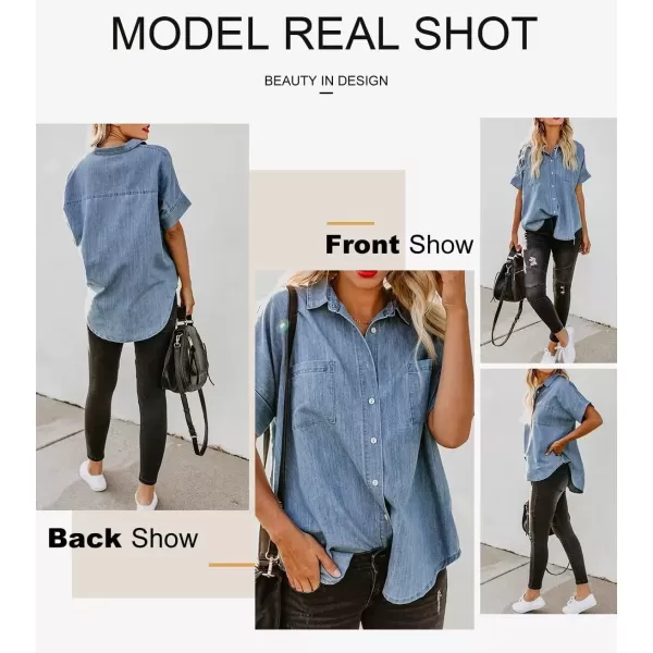 imageAstylish Womens Button Down Shirts V Neck Loose Casual ShirtLight Blue