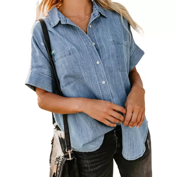 imageAstylish Womens Button Down Shirts V Neck Loose Casual ShirtLight Blue
