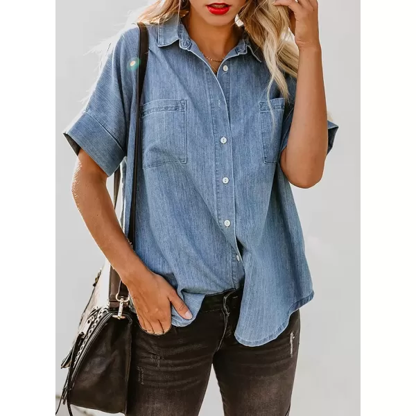 imageAstylish Womens Button Down Shirts V Neck Loose Casual ShirtLight Blue