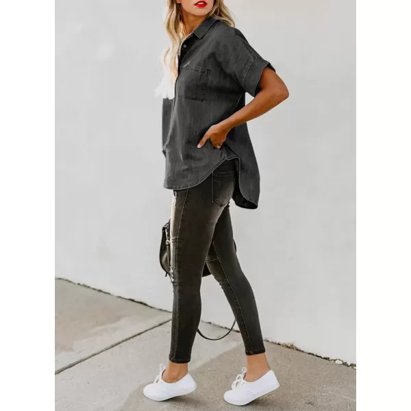 imageAstylish Womens Button Down Shirts V Neck Loose Casual ShirtN Deep Black