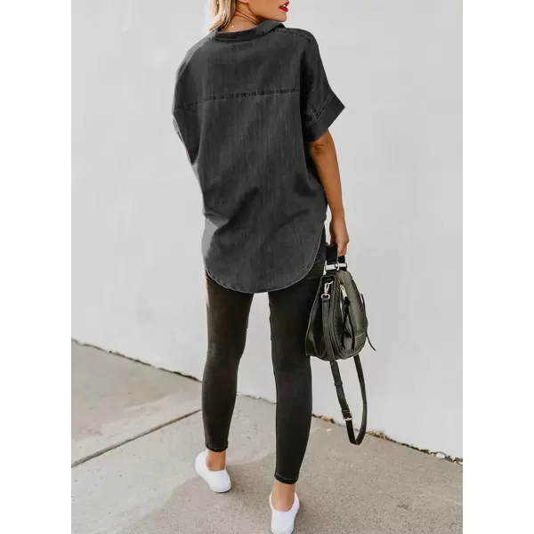 imageAstylish Womens Button Down Shirts V Neck Loose Casual ShirtN Deep Black