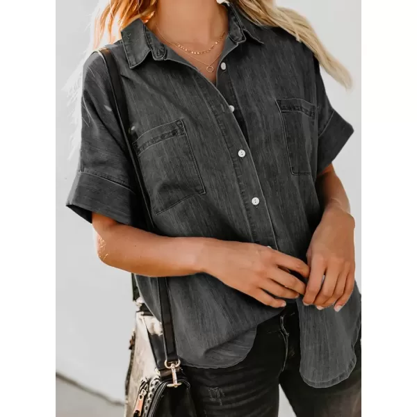 imageAstylish Womens Button Down Shirts V Neck Loose Casual ShirtN Deep Black