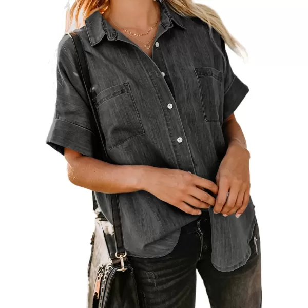 imageAstylish Womens Button Down Shirts V Neck Loose Casual ShirtN Deep Black