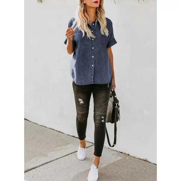imageAstylish Womens Button Down Shirts V Neck Loose Casual ShirtN Deep Blue