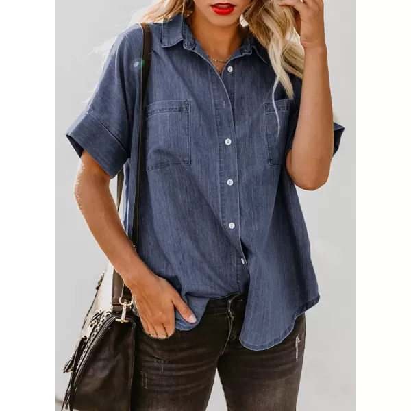 imageAstylish Womens Button Down Shirts V Neck Loose Casual ShirtN Deep Blue
