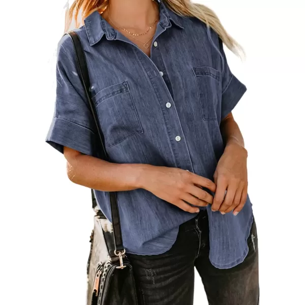 imageAstylish Womens Button Down Shirts V Neck Loose Casual ShirtN Deep Blue