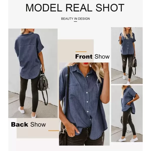 imageAstylish Womens Button Down Shirts V Neck Loose Casual ShirtN Deep Blue