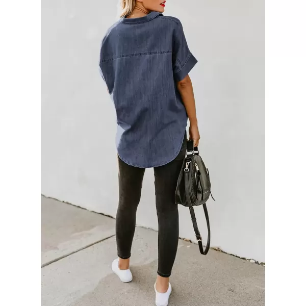imageAstylish Womens Button Down Shirts V Neck Loose Casual ShirtN Deep Blue