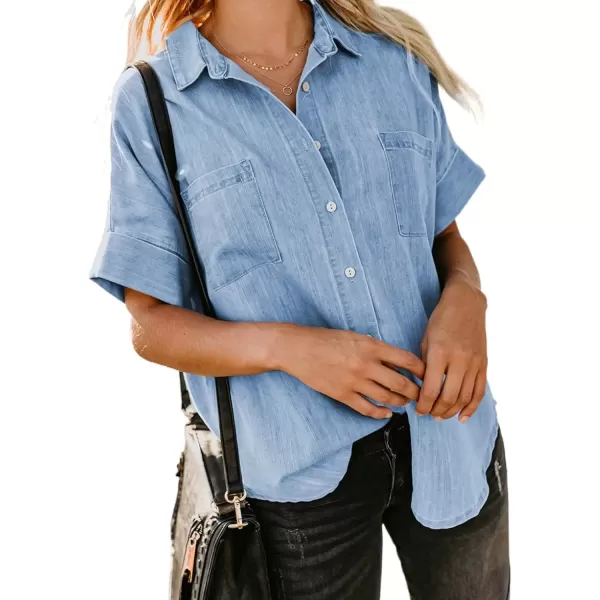 imageAstylish Womens Button Down Shirts V Neck Loose Casual ShirtN Light Sky Blue