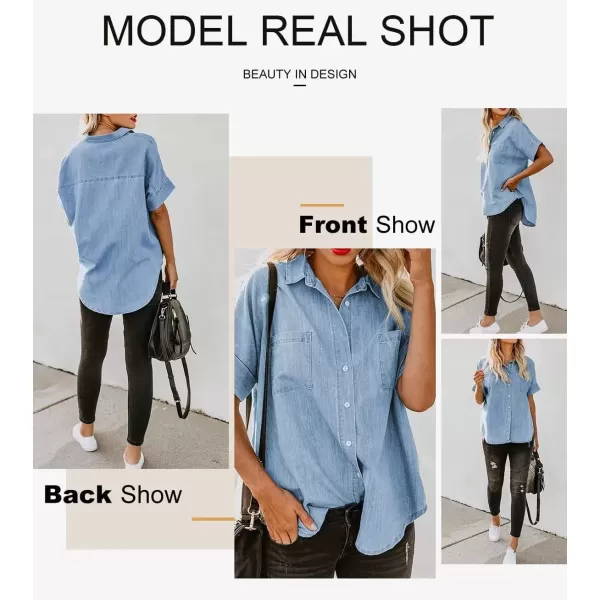 imageAstylish Womens Button Down Shirts V Neck Loose Casual ShirtN Light Sky Blue