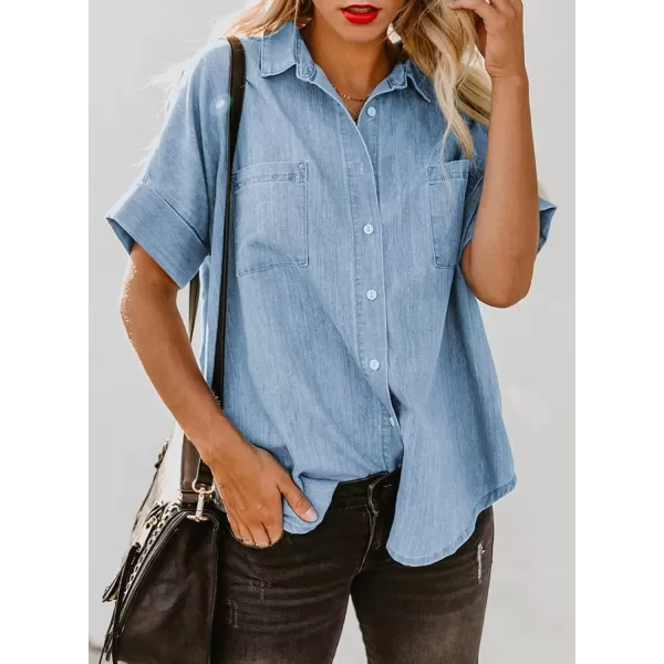 imageAstylish Womens Button Down Shirts V Neck Loose Casual ShirtN Light Sky Blue