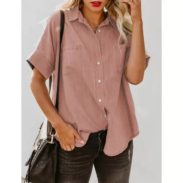 imageAstylish Womens Button Down Shirts V Neck Loose Casual ShirtN Pink