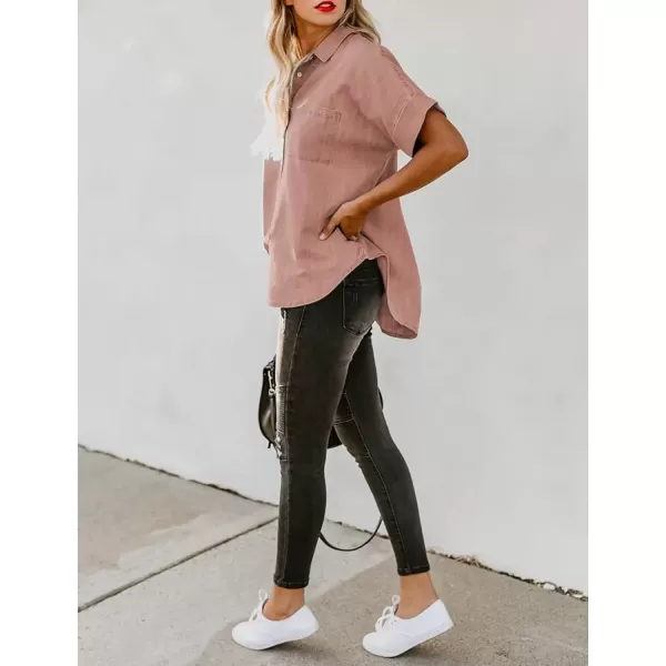 imageAstylish Womens Button Down Shirts V Neck Loose Casual ShirtN Pink