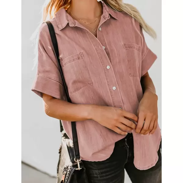 imageAstylish Womens Button Down Shirts V Neck Loose Casual ShirtN Pink