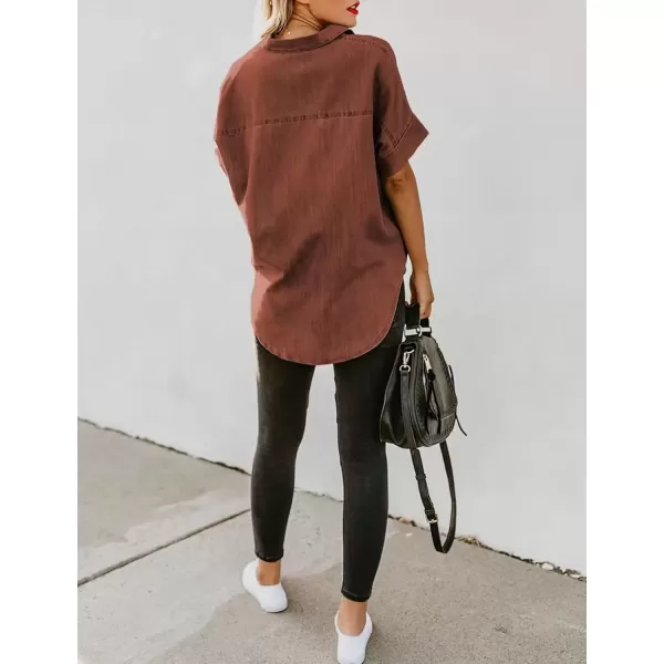 imageAstylish Womens Button Down Shirts V Neck Loose Casual ShirtN Red