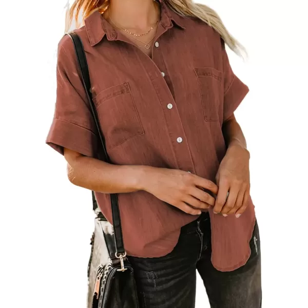 imageAstylish Womens Button Down Shirts V Neck Loose Casual ShirtN Red