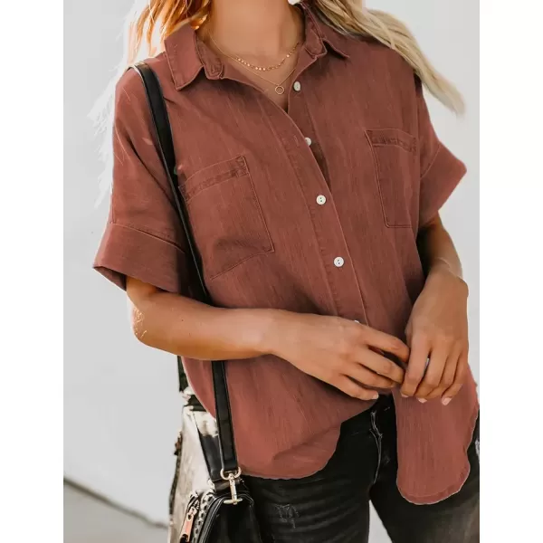 imageAstylish Womens Button Down Shirts V Neck Loose Casual ShirtN Red