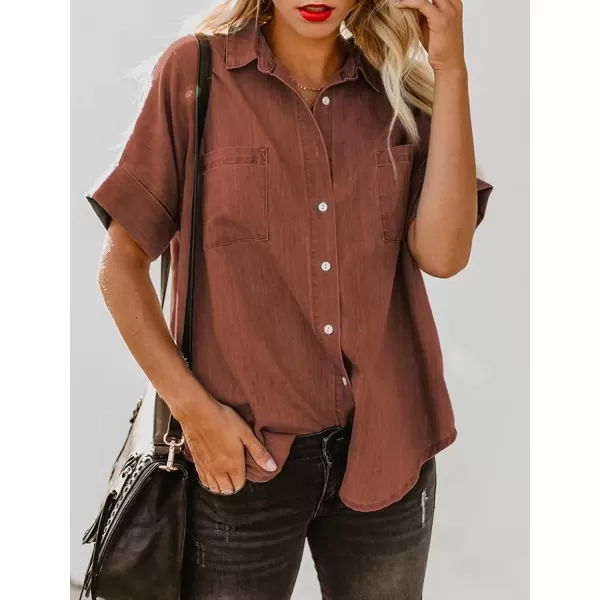 imageAstylish Womens Button Down Shirts V Neck Loose Casual ShirtN Red