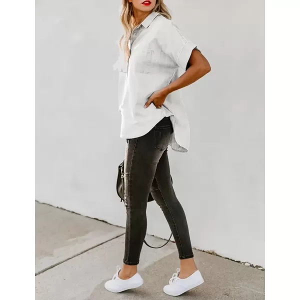 imageAstylish Womens Button Down Shirts V Neck Loose Casual ShirtN White