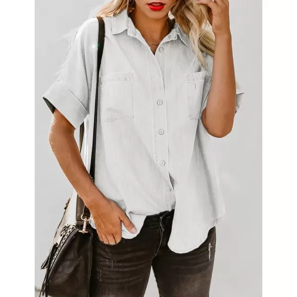 imageAstylish Womens Button Down Shirts V Neck Loose Casual ShirtN White