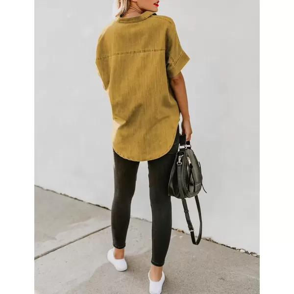 imageAstylish Womens Button Down Shirts V Neck Loose Casual ShirtN Yellow