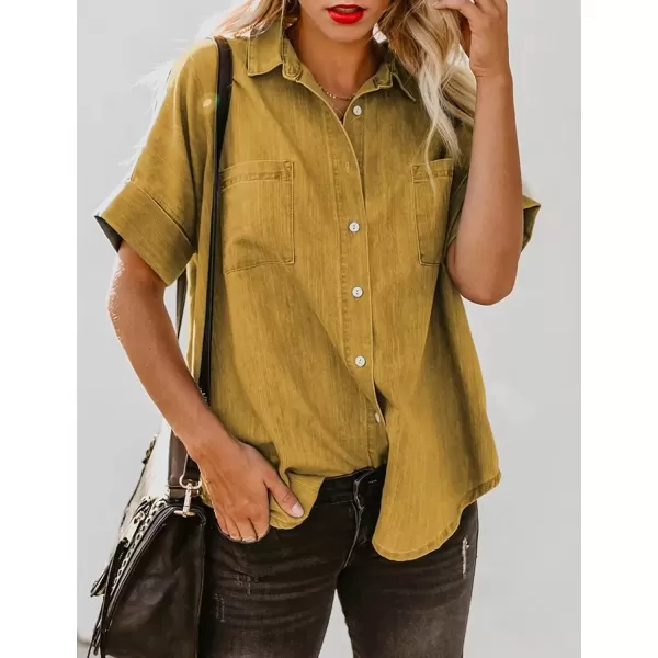 imageAstylish Womens Button Down Shirts V Neck Loose Casual ShirtN Yellow