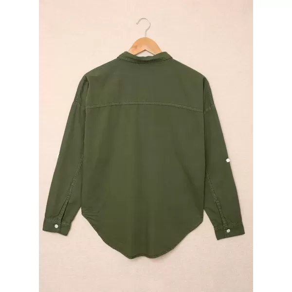 imageAstylish Womens Button Down Shirts V Neck Loose Casual ShirtT Green