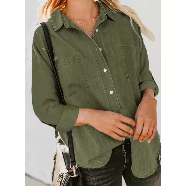 imageAstylish Womens Button Down Shirts V Neck Loose Casual ShirtT Green