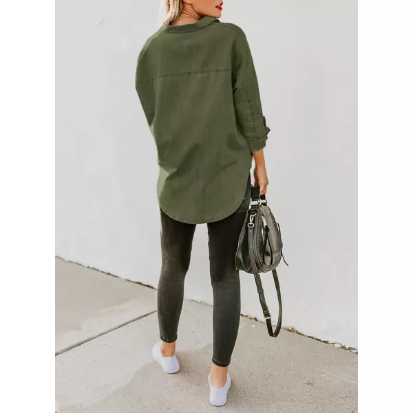 imageAstylish Womens Button Down Shirts V Neck Loose Casual ShirtT Green