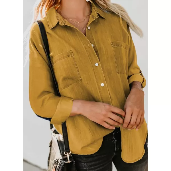 imageAstylish Womens Button Down Shirts V Neck Loose Casual ShirtT Yellow
