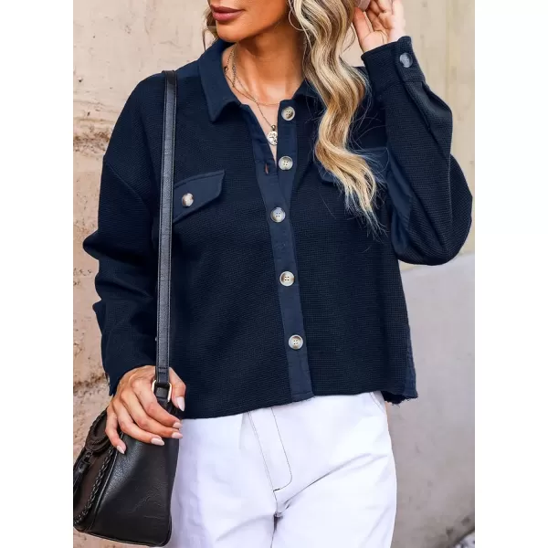 imageAstylish Womens Casual Waffle Knit Boyfriend Shirt Shacket Jacket Button Down BlouseBlue