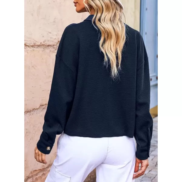 imageAstylish Womens Casual Waffle Knit Boyfriend Shirt Shacket Jacket Button Down BlouseBlue
