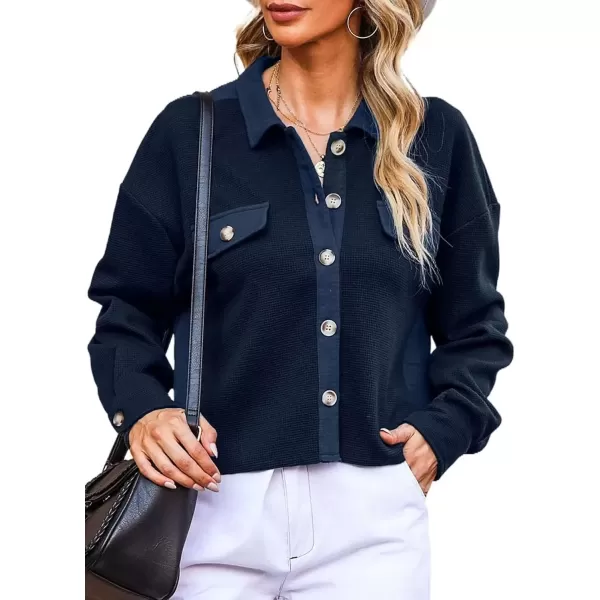 imageAstylish Womens Casual Waffle Knit Boyfriend Shirt Shacket Jacket Button Down BlouseBlue