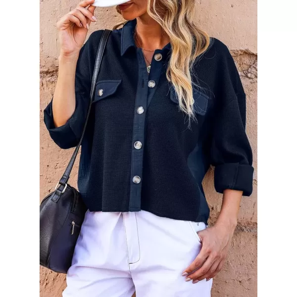 imageAstylish Womens Casual Waffle Knit Boyfriend Shirt Shacket Jacket Button Down BlouseBlue