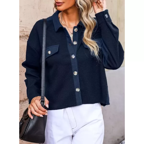 imageAstylish Womens Casual Waffle Knit Boyfriend Shirt Shacket Jacket Button Down BlouseBlue