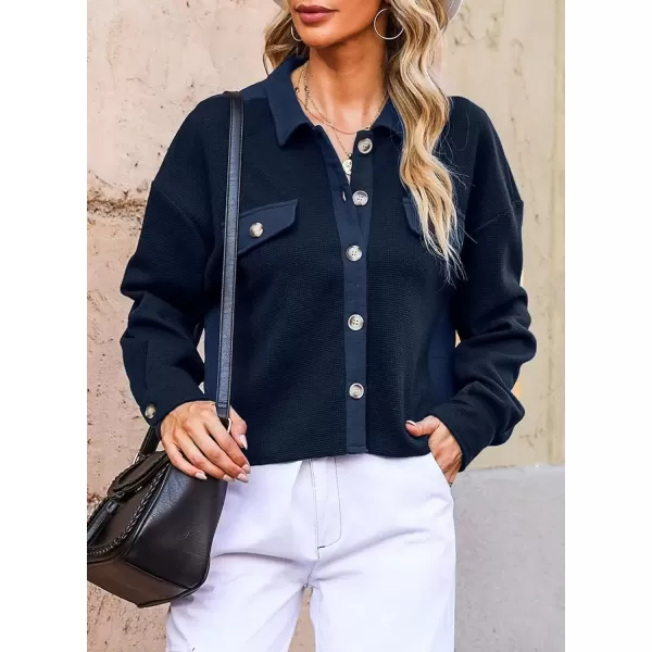 imageAstylish Womens Casual Waffle Knit Boyfriend Shirt Shacket Jacket Button Down BlouseBlue