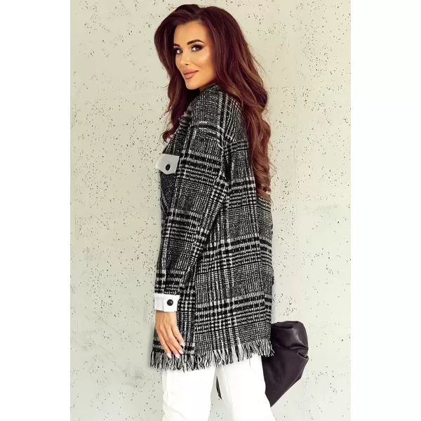 imageAstylish Womens Flannel Plaid Shacket Long Sleeve Oversized Button Down Shirt Jacket CoatBlack