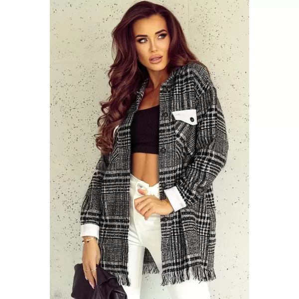 imageAstylish Womens Flannel Plaid Shacket Long Sleeve Oversized Button Down Shirt Jacket CoatBlack