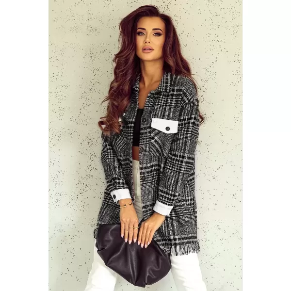 imageAstylish Womens Flannel Plaid Shacket Long Sleeve Oversized Button Down Shirt Jacket CoatBlack