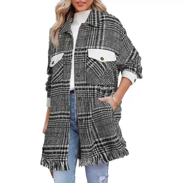 imageAstylish Womens Flannel Plaid Shacket Long Sleeve Oversized Button Down Shirt Jacket CoatBlack