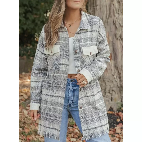 imageAstylish Womens Flannel Plaid Shacket Long Sleeve Oversized Button Down Shirt Jacket CoatGray