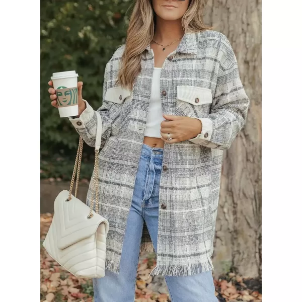 imageAstylish Womens Flannel Plaid Shacket Long Sleeve Oversized Button Down Shirt Jacket CoatGray
