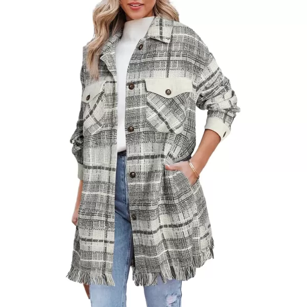 imageAstylish Womens Flannel Plaid Shacket Long Sleeve Oversized Button Down Shirt Jacket CoatGray