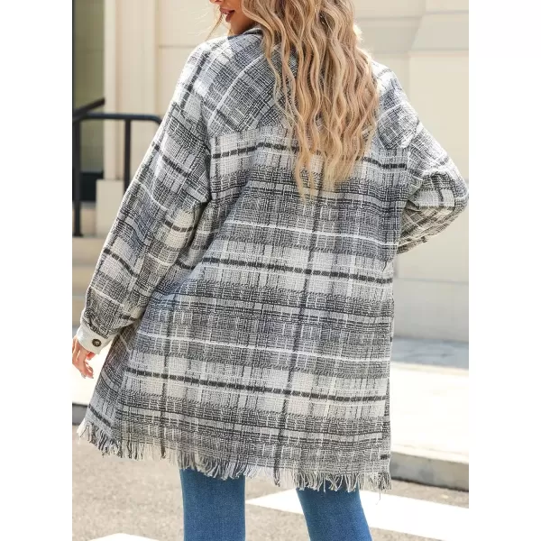 imageAstylish Womens Flannel Plaid Shacket Long Sleeve Oversized Button Down Shirt Jacket CoatGray