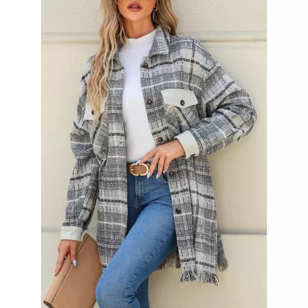 imageAstylish Womens Flannel Plaid Shacket Long Sleeve Oversized Button Down Shirt Jacket CoatGray