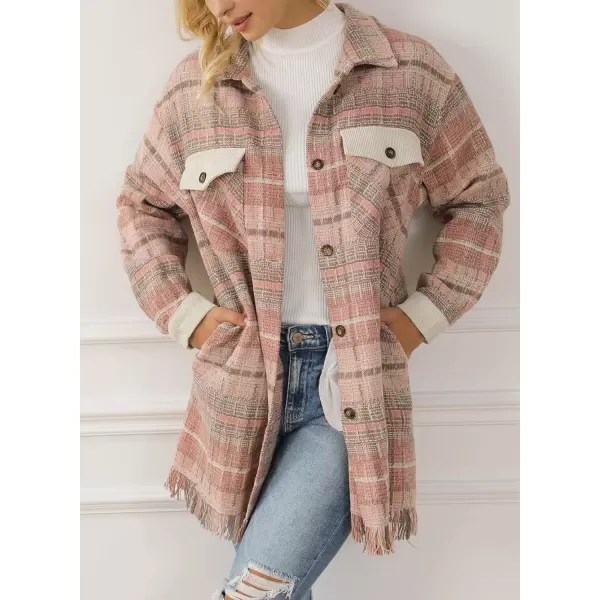 imageAstylish Womens Flannel Plaid Shacket Long Sleeve Oversized Button Down Shirt Jacket CoatPink
