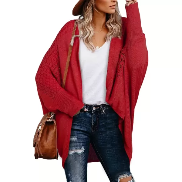 imageAstylish Womens Open Front Cardigan Sweater Hollow Out Drop Shoulder Crochet Knit OuterwearRed
