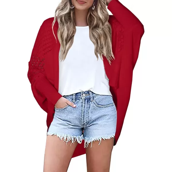 imageAstylish Womens Open Front Cardigan Sweater Hollow Out Drop Shoulder Crochet Knit OuterwearRed