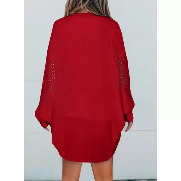 imageAstylish Womens Open Front Cardigan Sweater Hollow Out Drop Shoulder Crochet Knit OuterwearRed